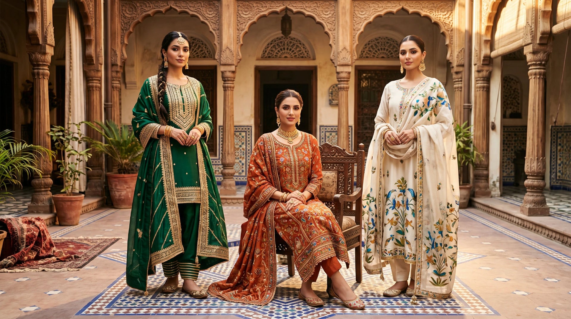 Three women modeling traditional South Asian salwar kameez suits in an ornate courtyard. The woman on the left wears a deep green suit with gold embroidery, the seated woman wears a rust-orange patterned suit, and the woman on the right wears an off-white suit with blue and green floral embroidery.