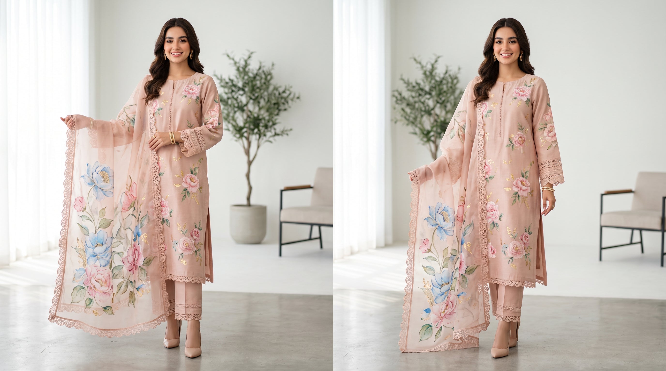 Botanical Bloom Hand-Painted Silk Suit with Organza Dupatta
