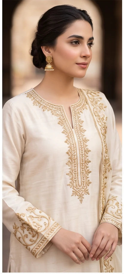 Raw Silk Hand-Embroidered 3-Piece Kurta Suit – Ivory Gold