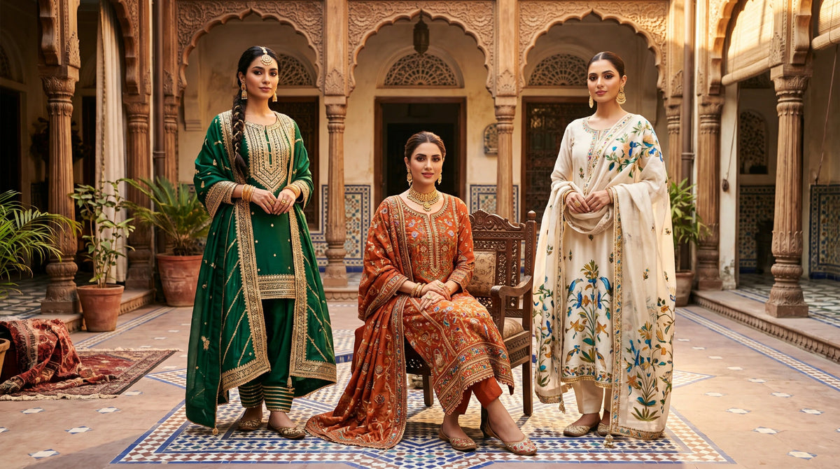 Three women modeling traditional South Asian salwar kameez suits in an ornate courtyard. The woman on the left wears a deep green suit with gold embroidery, the seated woman wears a rust-orange patterned suit, and the woman on the right wears an off-white suit with blue and green floral embroidery.